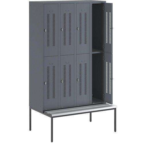 4250618236377 - Halbhoher Garderobenschrank mit Sitzbankuntergestell 300 mm 8 Fächer Lochblech blaugrau