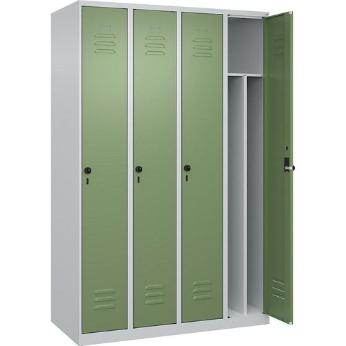 4067521329863 - Schwarz-Weiß-Spind Classic PLUS schmal 4 Abteile Trennwand verkürzt lichtgrau   resedagrün B 1200 mm mit Bodengleitern Drehriegel Trennwand mittig C+P