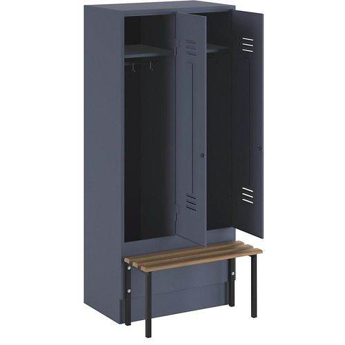 4250618230337 - Kleiderspind mit vorgebauter Bank Vollwand-Türen Abteilbreite 400 mm 2 Abteile blaugrau