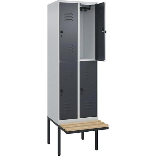 4066681747012 - Doppelstock-Spind Classic PLUS Sitzbank 2 Abteile lichtgrau   grau B 600 mm Sicherheits-Drehriegel auskragend Buche-Hartholz C+P