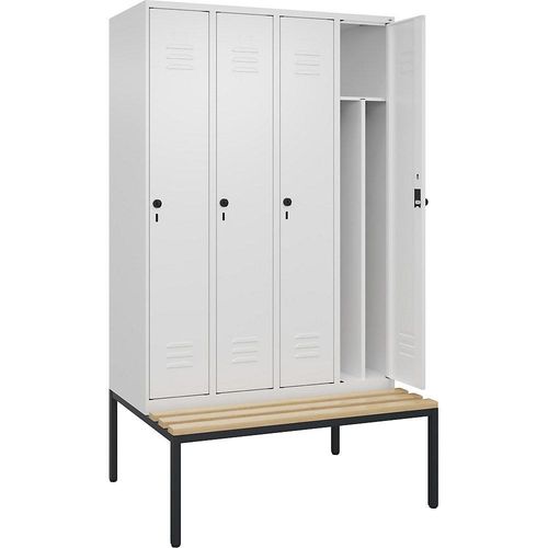 4066681745728 - Schwarz-Weiß-Spind Classic PLUS Sitzbank schmal 4 Abteile Trennwand verkürzt verkehrsweiß B 1200 mm Sicherheits-Drehriegel untergebaut Buche-Hartholz C+P