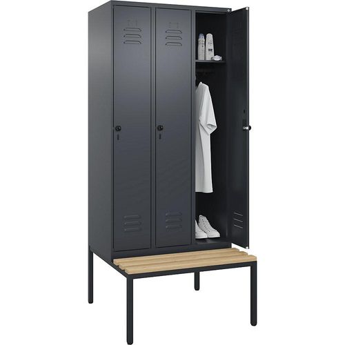 4066681744516 - Spind Classic PLUS Sitzbank 3 Abteile grau B 900 mm Sicherheits-Drehriegel untergebaut Buche-Hartholz C+P