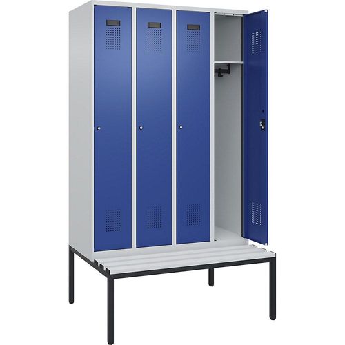 4068192388005 - Spind Evolo PLUS Sitzbank 4 Abteile lichtgrau   enzianblau B 1200 mm Zylinderschloss mit untergebauter Sitzbank Kunststoff kaiserkraft