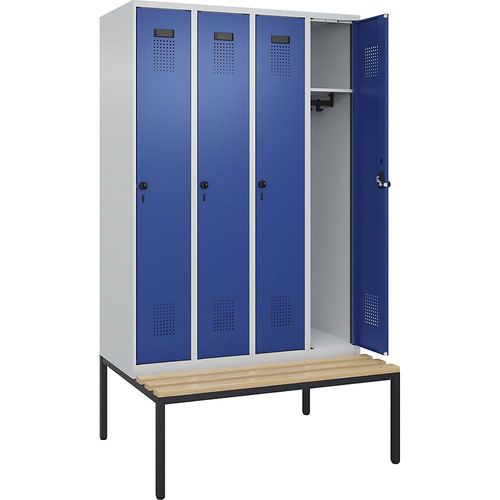 4068192155362 - Kleiderspind Evolo Plus 4 Abteile 300 mm Abteilbreite mit untergebauter Sitzbank B 1200 x T 815 x H 2120 mm Drehriegel lichtgrau enzianblau