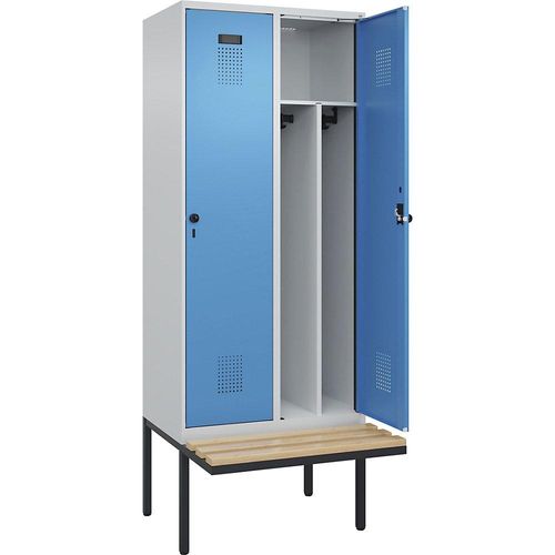 4068192157410 - Schwarz-Weiß-Spind Evolo PLUS Sitzbank schmal 2 Abteile Trennwand verkürzt lichtgrau   lichtblau B 800 mm Sicherheits-Drehriegel mit auskragender Sitzbank Buche kaiserkraft