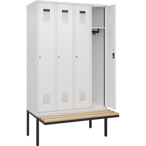 4068192302469 - Kleiderspind Evolo Plus 4 Abteile à 300 mm Breite schwebende Sitzbank B 1200 x T 815 x H 2120 mm Zylinder verkehrsweiß verkehrsweiß
