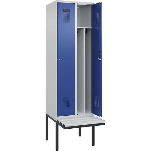 4068192388531 - Schwarz-Weiß-Spind Evolo PLUS Sitzbank schmal 2 Abteile Trennwand verkürzt lichtgrau   enzianblau B 600 mm Zylinderschloss mit auskragender Sitzbank Kunststoff kaiserkraft