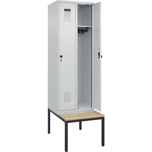 4068192196785 - Spind Evolo PLUS Sitzbank 2 Abteile lichtgrau   lichtgrau B 600 mm Sicherheits-Drehriegel mit untergebauter Sitzbank Buche kaiserkraft