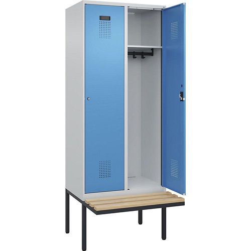 4068192262930 - Spind Evolo PLUS Sitzbank 2 Abteile lichtgrau   lichtblau B 800 mm Zylinderschloss mit auskragender Sitzbank Buche kaiserkraft