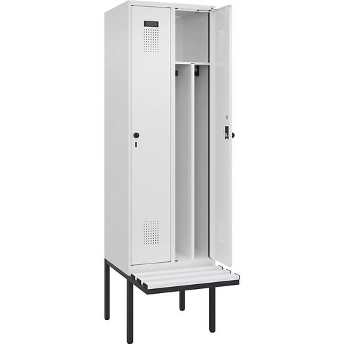 4068192373421 - Schwarz-Weiß-Spind Evolo PLUS Sitzbank schmal 2 Abteile Trennwand verkürzt weiß B 600 mm Sicherheits-Drehriegel mit auskragender Sitzbank Kunststoff kaiserkraft