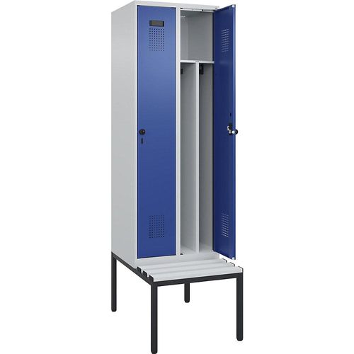 4068192357698 - Schwarz-Weiß-Spind Evolo PLUS Sitzbank schmal 2 Abteile Trennwand verkürzt lichtgrau   enzianblau B 600 mm Sicherheits-Drehriegel mit untergebauter Sitzbank Kunststoff kaiserkraft