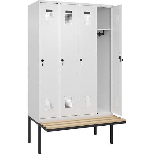 4068192218272 - Kleiderspind Evolo Plus 4 Abteile à 300 mm Breite schwebende Sitzbank B 1200 x T 815 x H 2120 mm Drehriegel verkehrsweiß verkehrsweiß