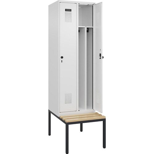 4068192218586 - Schwarz-Weiß-Spind Evolo PLUS Sitzbank schmal 2 Abteile Trennwand verkürzt weiß B 600 mm Sicherheits-Drehriegel mit untergebauter Sitzbank Buche kaiserkraft