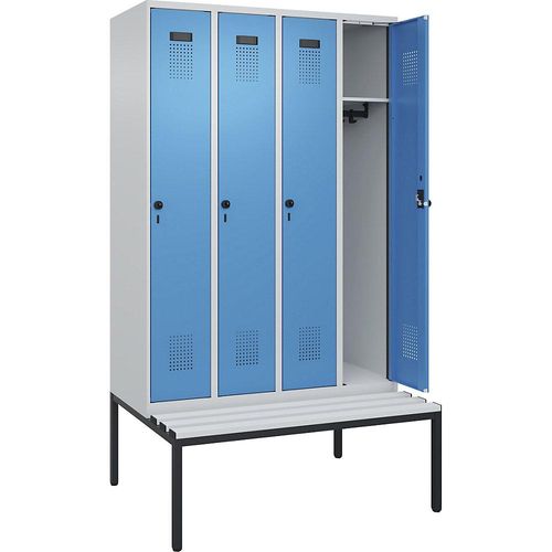 4068192358114 - Spind Evolo PLUS Sitzbank 4 Abteile lichtgrau   lichtblau B 1200 mm Sicherheits-Drehriegel mit untergebauter Sitzbank Kunststoff kaiserkraft