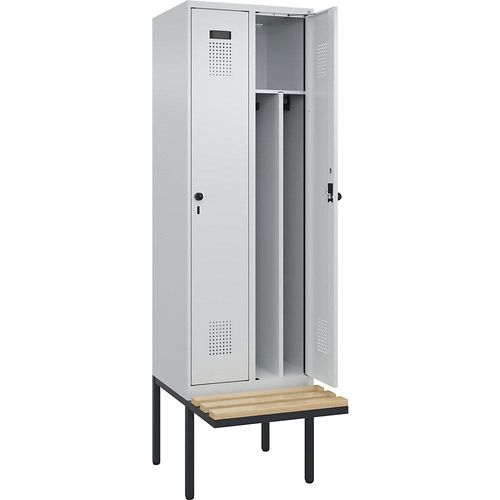 4068192197454 - Schwarz-Weiß-Spind Evolo PLUS Sitzbank schmal 2 Abteile Trennwand verkürzt lichtgrau   lichtgrau B 600 mm Sicherheits-Drehriegel mit auskragender Sitzbank Buche kaiserkraft