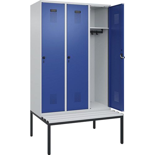 4068192357155 - Spind Evolo PLUS Sitzbank 3 Abteile lichtgrau   enzianblau B 1200 mm Sicherheits-Drehriegel mit untergebauter Sitzbank Kunststoff kaiserkraft