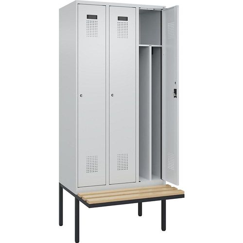 4068192282679 - Schwarz-Weiß-Spind Evolo PLUS Sitzbank schmal 3 Abteile Trennwand verkürzt lichtgrau   lichtgrau B 900 mm Zylinderschloss mit auskragender Sitzbank Buche kaiserkraft