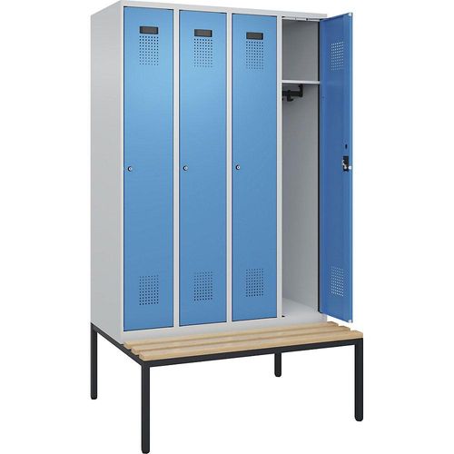 4068192262381 - Kleiderspind Evolo Plus 4 Abteile 300 mm Abteilbreite mit untergebauter Sitzbank B 1200 x T 815 x H 2120 mm Zylinder lichtgrau lichtblau