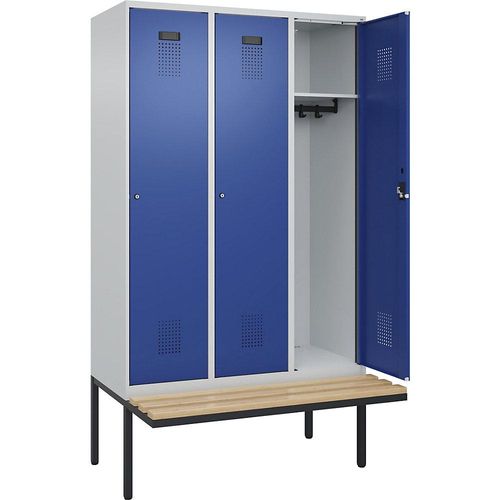 4068192261636 - Spind Evolo PLUS Sitzbank 3 Abteile lichtgrau   enzianblau B 1200 mm Zylinderschloss mit auskragender Sitzbank Buche kaiserkraft 4068192261636 - Spind Evolo PLUS Sitzbank 3 Abteile lichtgrau   enzianblau B 1200 mm Zylinderschloss mit auskragender Sitzbank Buche kaiserkraft