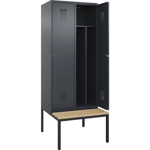 4068192286721 - Schwarz-Weiß-Spind Evolo PLUS Sitzbank schmal 2 Abteile Trennwand verkürzt grau B 800 mm Zylinderschloss mit untergebauter Sitzbank Buche kaiserkraft