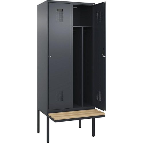4068192286653 - Schwarz-Weiß-Spind Evolo PLUS Sitzbank schmal 2 Abteile Trennwand verkürzt grau B 800 mm Zylinderschloss mit auskragender Sitzbank Buche kaiserkraft
