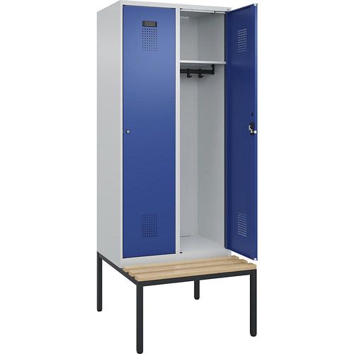 4068192261209 - Kleiderspind Evolo Plus 2 Abteile 400 mm Abteilbreite mit untergebauter Sitzbank B 800 x T 815 x H 2120 mm Zylinder lichtgrau enzianblau