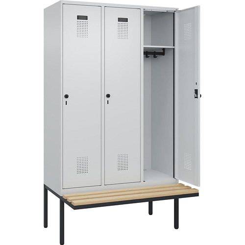 4068192197294 - Spind Evolo PLUS Sitzbank 3 Abteile lichtgrau   lichtgrau B 1200 mm Sicherheits-Drehriegel mit auskragender Sitzbank Buche kaiserkraft