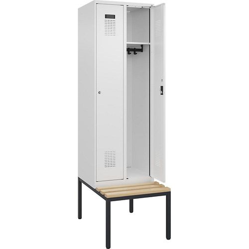 4068192301998 - Kleiderspind Evolo Plus 2 Abteile mit je 300 mm Breite Unterbau-Sitzbank B 600 x T 815 x H 2120 mm Zylinder verkehrsweiß verkehrsweiß