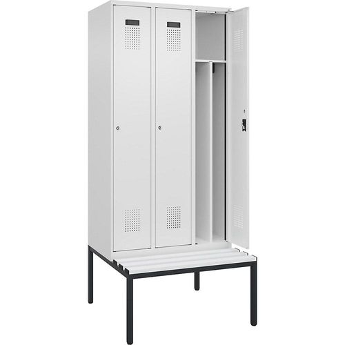 4068192405283 - Schwarz-Weiß-Spind Evolo PLUS Sitzbank schmal 3 Abteile Trennwand verkürzt weiß B 900 mm Zylinderschloss mit untergebauter Sitzbank Kunststoff kaiserkraft