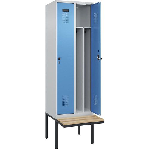 4068192157366 - Schwarz-Weiß-Spind Evolo PLUS Sitzbank schmal 2 Abteile Trennwand verkürzt lichtgrau   lichtblau B 600 mm Sicherheits-Drehriegel mit auskragender Sitzbank Buche kaiserkraft