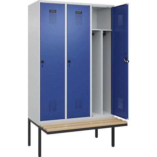 4068192156055 - Schwarz-Weiß-Spind Evolo PLUS Sitzbank schmal 3 Abteile Trennwand verkürzt lichtgrau   enzianblau B 1200 mm Sicherheits-Drehriegel mit auskragender Sitzbank Buche kaiserkraft