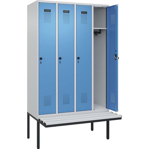 4068192358428 - Spind Evolo PLUS Sitzbank 4 Abteile lichtgrau   lichtblau B 1200 mm Sicherheits-Drehriegel mit auskragender Sitzbank Kunststoff kaiserkraft