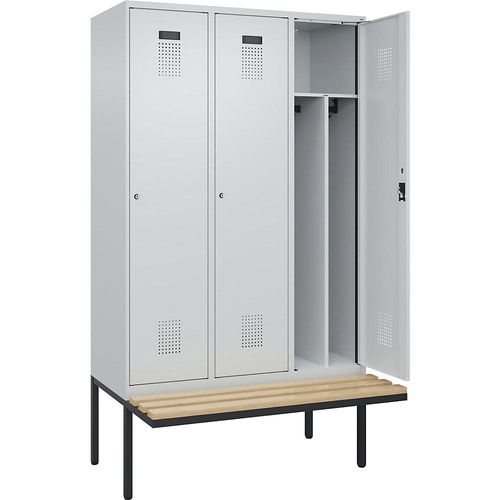 4068192282730 - Schwarz-Weiß-Spind Evolo PLUS Sitzbank schmal 3 Abteile Trennwand verkürzt lichtgrau   lichtgrau B 1200 mm Zylinderschloss mit auskragender Sitzbank Buche kaiserkraft