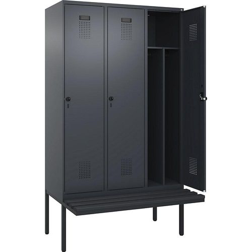 4068192368908 - Schwarz-Weiß-Spind Evolo PLUS Sitzbank schmal 3 Abteile Trennwand verkürzt grau B 1200 mm Sicherheits-Drehriegel mit auskragender Sitzbank Kunststoff kaiserkraft