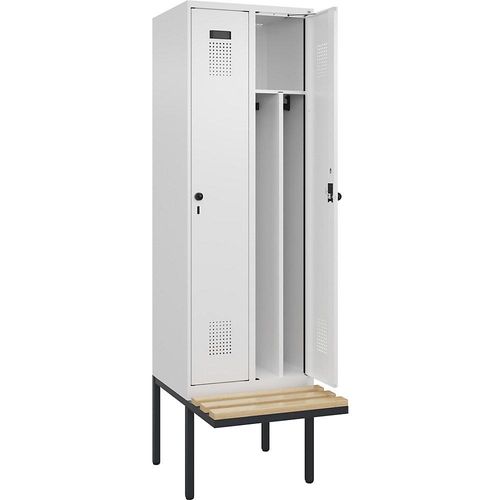 4068192218500 - Schwarz-Weiß-Spind Evolo PLUS Sitzbank schmal 2 Abteile Trennwand verkürzt weiß B 600 mm Sicherheits-Drehriegel mit auskragender Sitzbank Buche kaiserkraft