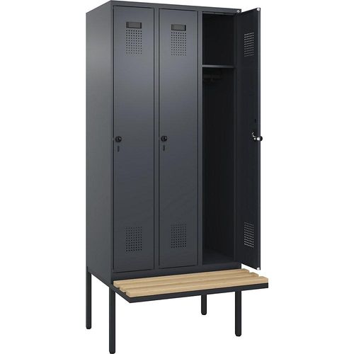4068192200871 - Spind Evolo PLUS Sitzbank 3 Abteile grau B 900 mm Sicherheits-Drehriegel mit auskragender Sitzbank Buche kaiserkraft