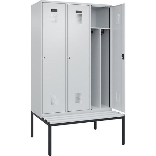 4068192396345 - Schwarz-Weiß-Spind Evolo PLUS Sitzbank schmal 3 Abteile Trennwand verkürzt lichtgrau   lichtgrau B 1200 mm Zylinderschloss mit untergebauter Sitzbank Kunststoff kaiserkraft