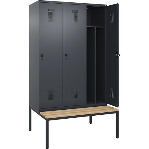 4068192201199 - Schwarz-Weiß-Spind Evolo PLUS Sitzbank schmal 3 Abteile Trennwand verkürzt grau B 1200 mm Sicherheits-Drehriegel mit untergebauter Sitzbank Buche kaiserkraft
