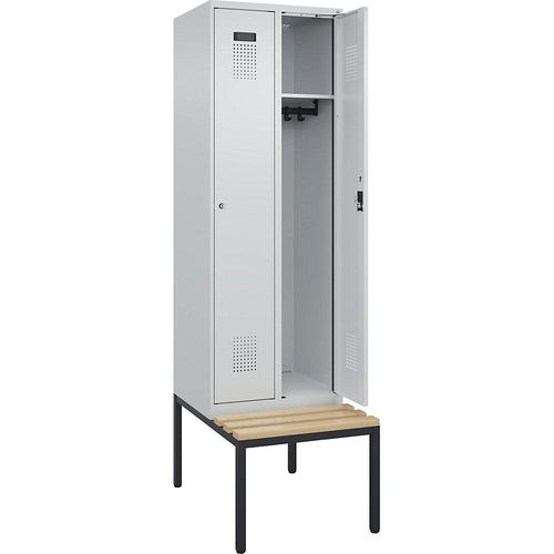 4068192281962 - Kleiderspind Evolo Plus 2 Abteile mit je 300 mm Breite Unterbau-Sitzbank B 600 x T 815 x H 2120 mm Zylinder lichtgrau lichtgrau