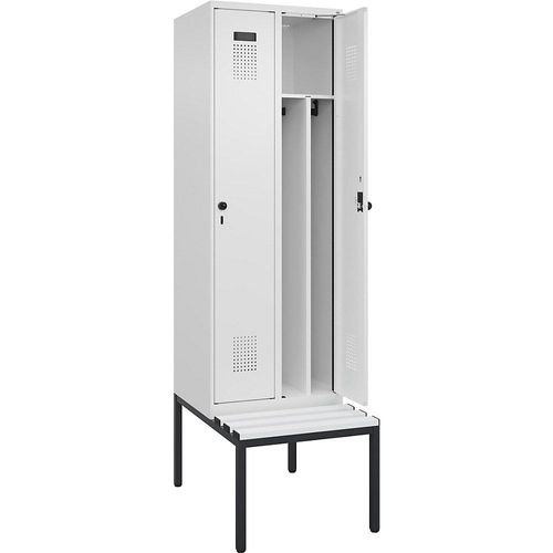 4068192373599 - Schwarz-Weiß-Spind Evolo PLUS Sitzbank schmal 2 Abteile Trennwand verkürzt weiß B 600 mm Sicherheits-Drehriegel mit untergebauter Sitzbank Kunststoff kaiserkraft