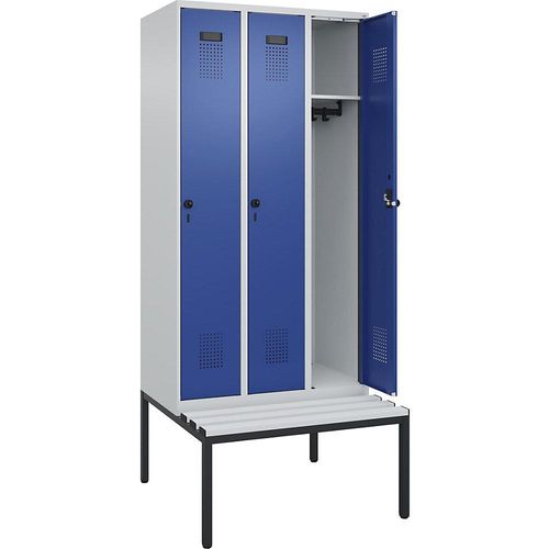 4068192356981 - Spind Evolo PLUS Sitzbank 3 Abteile lichtgrau   enzianblau B 900 mm Sicherheits-Drehriegel mit untergebauter Sitzbank Kunststoff kaiserkraft
