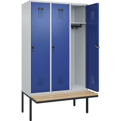 4068192155843 - Spind Evolo PLUS Sitzbank 3 Abteile lichtgrau   enzianblau B 1200 mm Sicherheits-Drehriegel mit auskragender Sitzbank Buche kaiserkraft