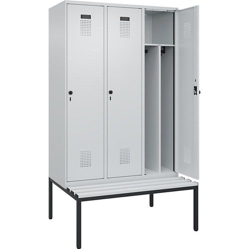 4068192365662 - Schwarz-Weiß-Spind Evolo PLUS Sitzbank schmal 3 Abteile Trennwand verkürzt lichtgrau   lichtgrau B 1200 mm Sicherheits-Drehriegel mit untergebauter Sitzbank Kunststoff kaiserkraft