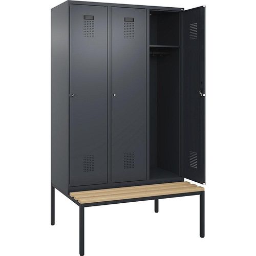 4068192285991 - Spind Evolo PLUS Sitzbank 3 Abteile grau B 1200 mm Zylinderschloss mit untergebauter Sitzbank Buche kaiserkraft 4068192285991 - Spind Evolo PLUS Sitzbank 3 Abteile grau B 1200 mm Zylinderschloss mit untergebauter Sitzbank Buche kaiserkraft