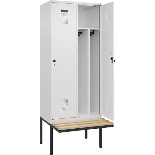 4068192218548 - Schwarz-Weiß-Spind Evolo PLUS Sitzbank schmal 2 Abteile Trennwand verkürzt weiß B 800 mm Sicherheits-Drehriegel mit auskragender Sitzbank Buche kaiserkraft