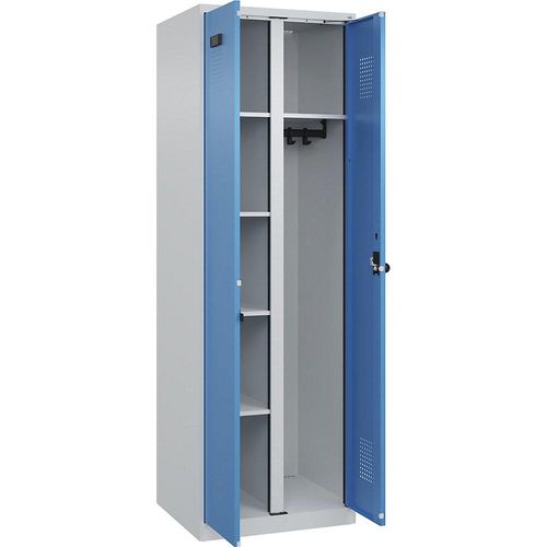 4067521933909 - Putzmittelspind Evolo PLUS 1 Abteil Trennwand mittig lichtgrau   lichtblau B 600 mm mit Bodengleitern Sicherheits-Drehriegel kaiserkraft