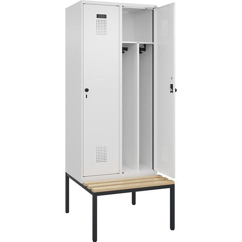 4068192218623 - Schwarz-Weiß-Spind Evolo PLUS Sitzbank schmal 2 Abteile Trennwand verkürzt weiß B 800 mm Sicherheits-Drehriegel mit untergebauter Sitzbank Buche kaiserkraft