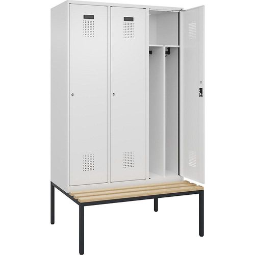 4068192302810 - Schwarz-Weiß-Spind Evolo PLUS Sitzbank schmal 3 Abteile Trennwand verkürzt weiß B 1200 mm Zylinderschloss mit untergebauter Sitzbank Buche kaiserkraft 4068192302810 - Schwarz-Weiß-Spind Evolo PLUS Sitzbank schmal 3 Abteile Trennwand verkürzt weiß B 1200 mm Zylinderschloss mit untergebauter Sitzbank Buche kaiserkraft