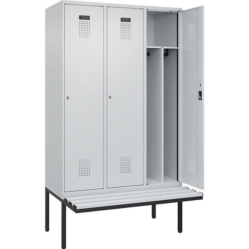 4068192396208 - Schwarz-Weiß-Spind Evolo PLUS Sitzbank schmal 3 Abteile Trennwand verkürzt lichtgrau   lichtgrau B 1200 mm Zylinderschloss mit auskragender Sitzbank Kunststoff kaiserkraft