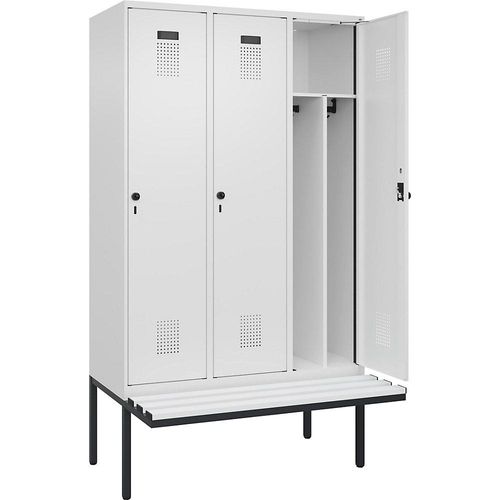 4068192373537 - Schwarz-Weiß-Spind Evolo PLUS Sitzbank schmal 3 Abteile Trennwand verkürzt weiß B 1200 mm Sicherheits-Drehriegel mit auskragender Sitzbank Kunststoff kaiserkraft 4068192373537 - Schwarz-Weiß-Spind Evolo PLUS Sitzbank schmal 3 Abteile Trennwand verkürzt weiß B 1200 mm Sicherheits-Drehriegel mit auskragender Sitzbank Kunststoff kaiserkraft